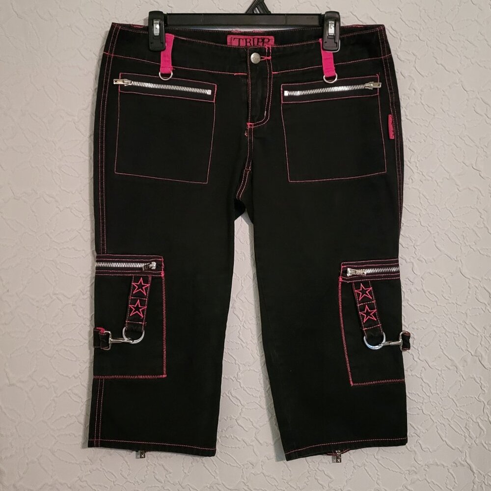 Tripp Vintage NYC Black & Pink Chain Strap Goth Punk Capris Junior's Size 7